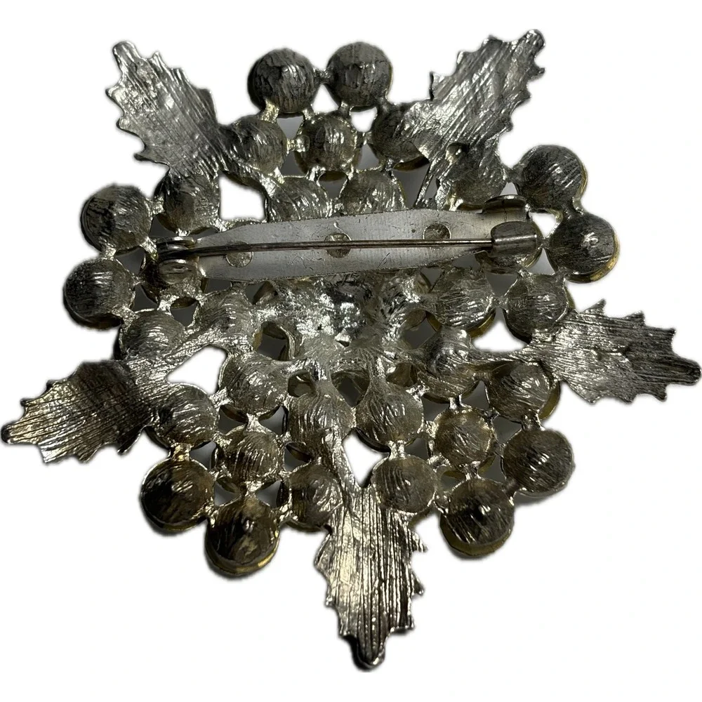 Vintage 1950s Rhinestone Brooch Pin Silver Tone Leaf Crystal Floral‎ Statement